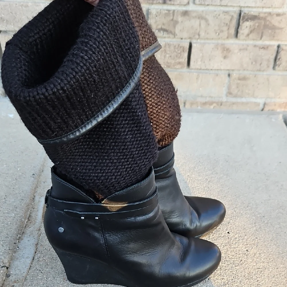 UGG Black Leather Wedge Ankle Boots